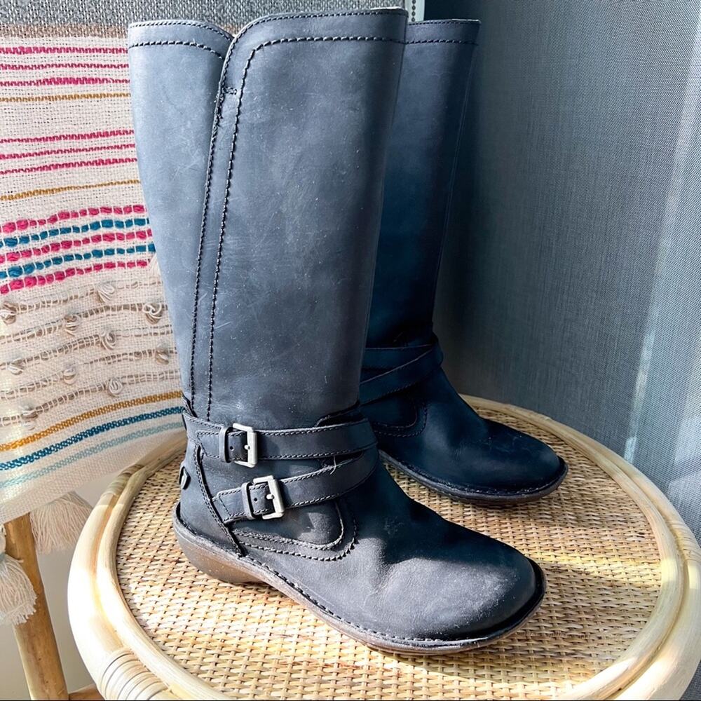 UGG Rosen Black Shearling Lined Tall Leather Winter Boots Women’s 6 - Picture 1 of 11